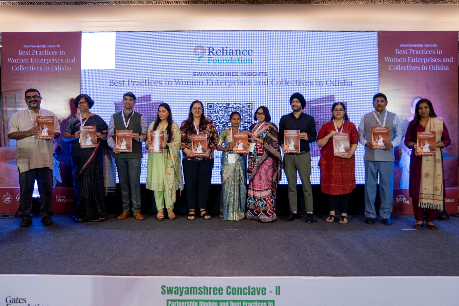 Dignitaries from government, philanthropy and the development sector launch the compendium, Best Practices from Odisha for Strengthening Women’s Livelihoods, at the conclave.